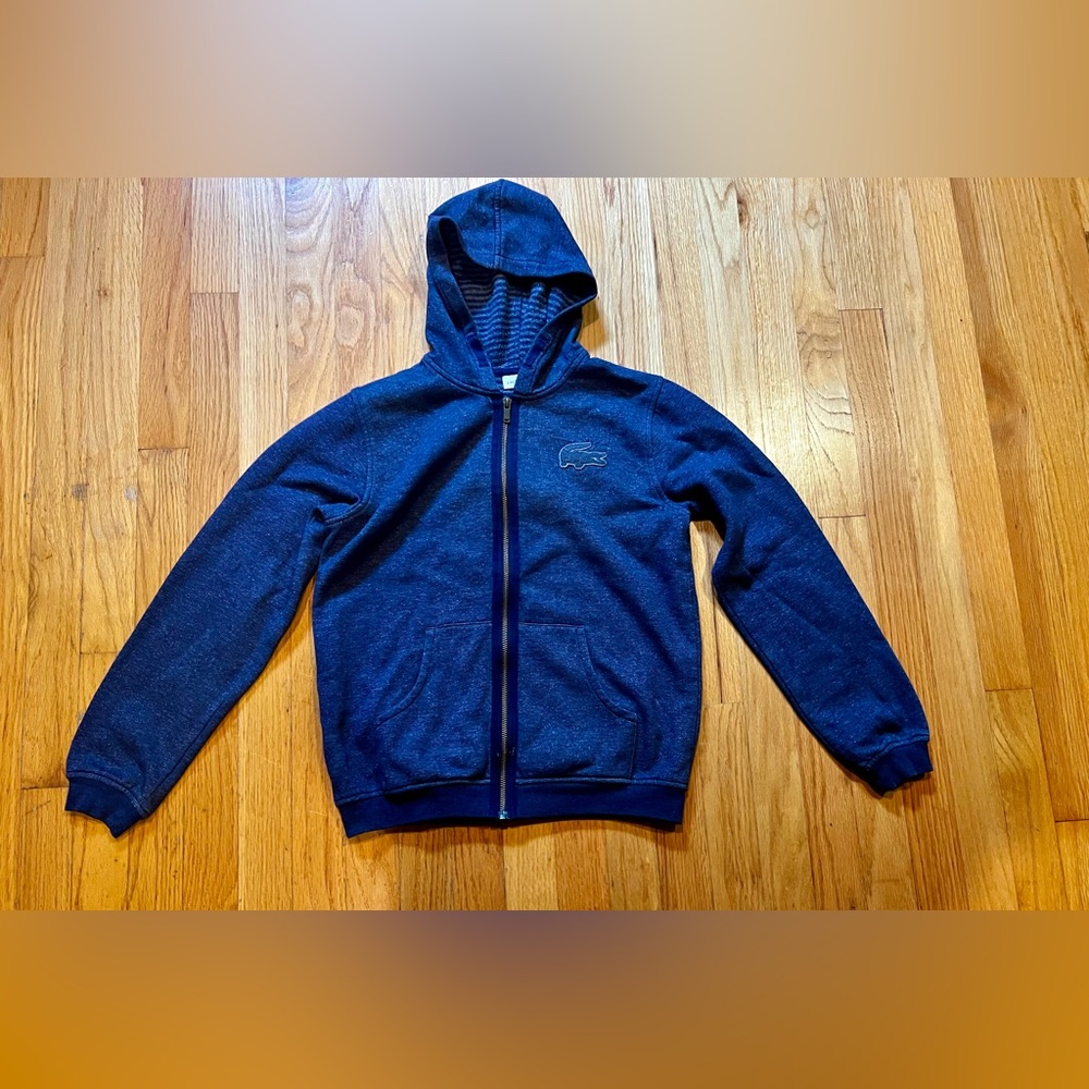 Lacoste Full Zip Sweater Cardigan Hoodie Logo Pockets Elbow Patch SZ 12 Youth